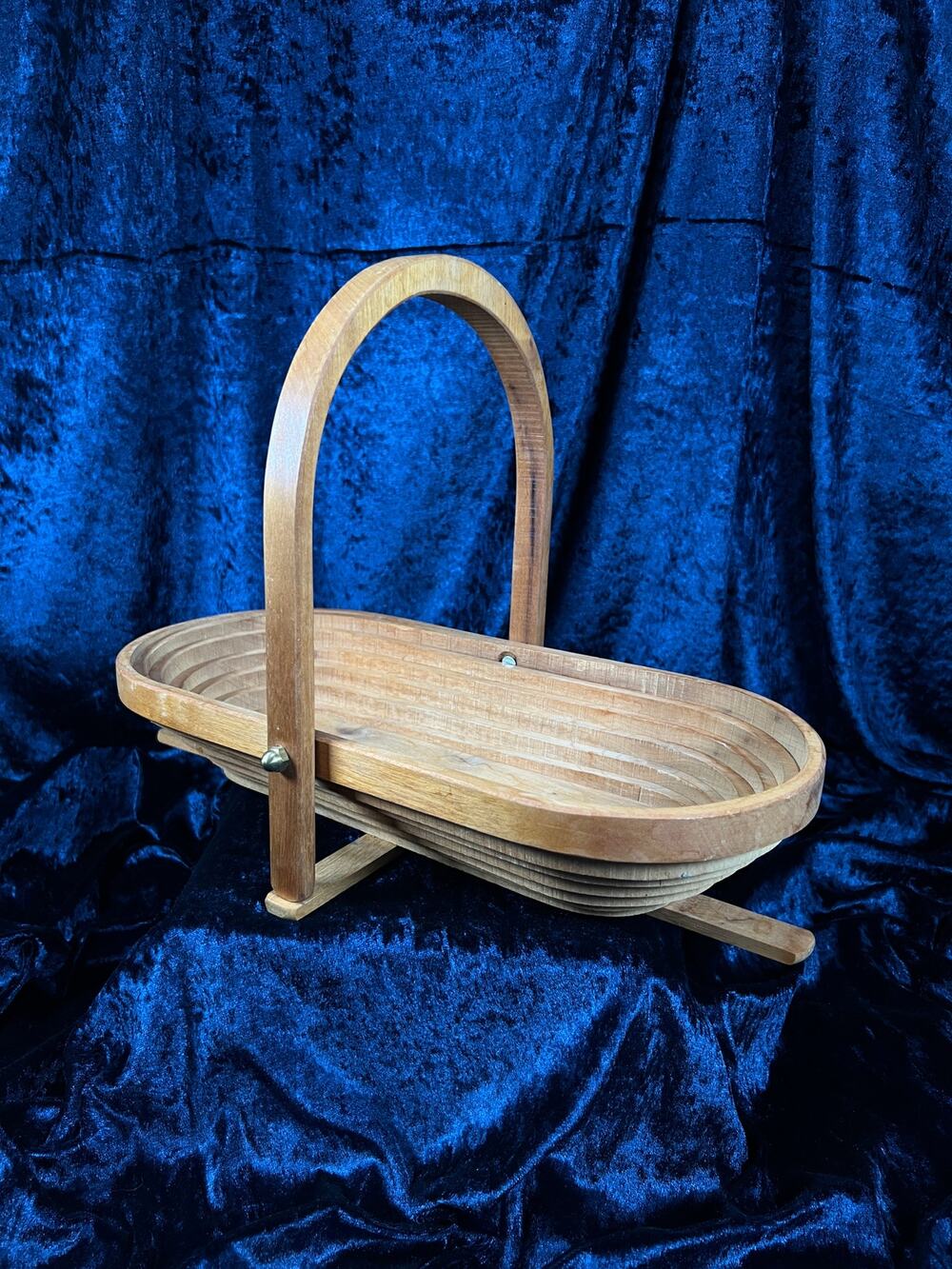 Vintage Decorative Wood Basket - Oval Handled Collapsible Storage Basket